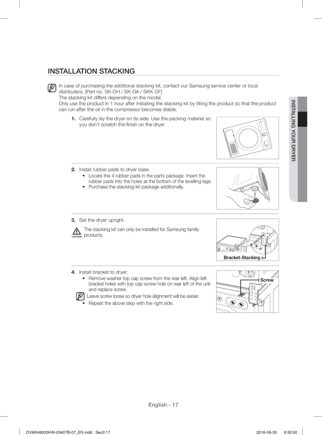 Samsung DV80H8100HW/EE, DV90H8000HW/EE manual Installation Stacking, Purchase the stacking-kit package additionally 