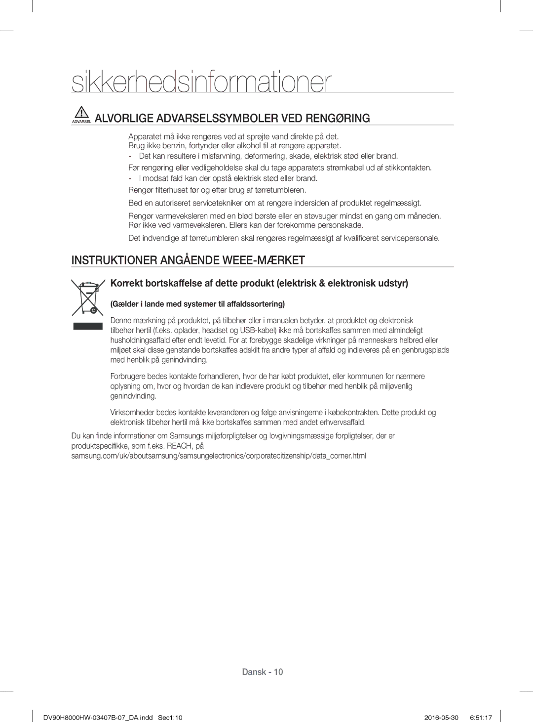 Samsung DV90H8000HW/EE manual Instruktioner Angående WEEE-MÆRKET, Gælder i lande med systemer til affaldssortering 