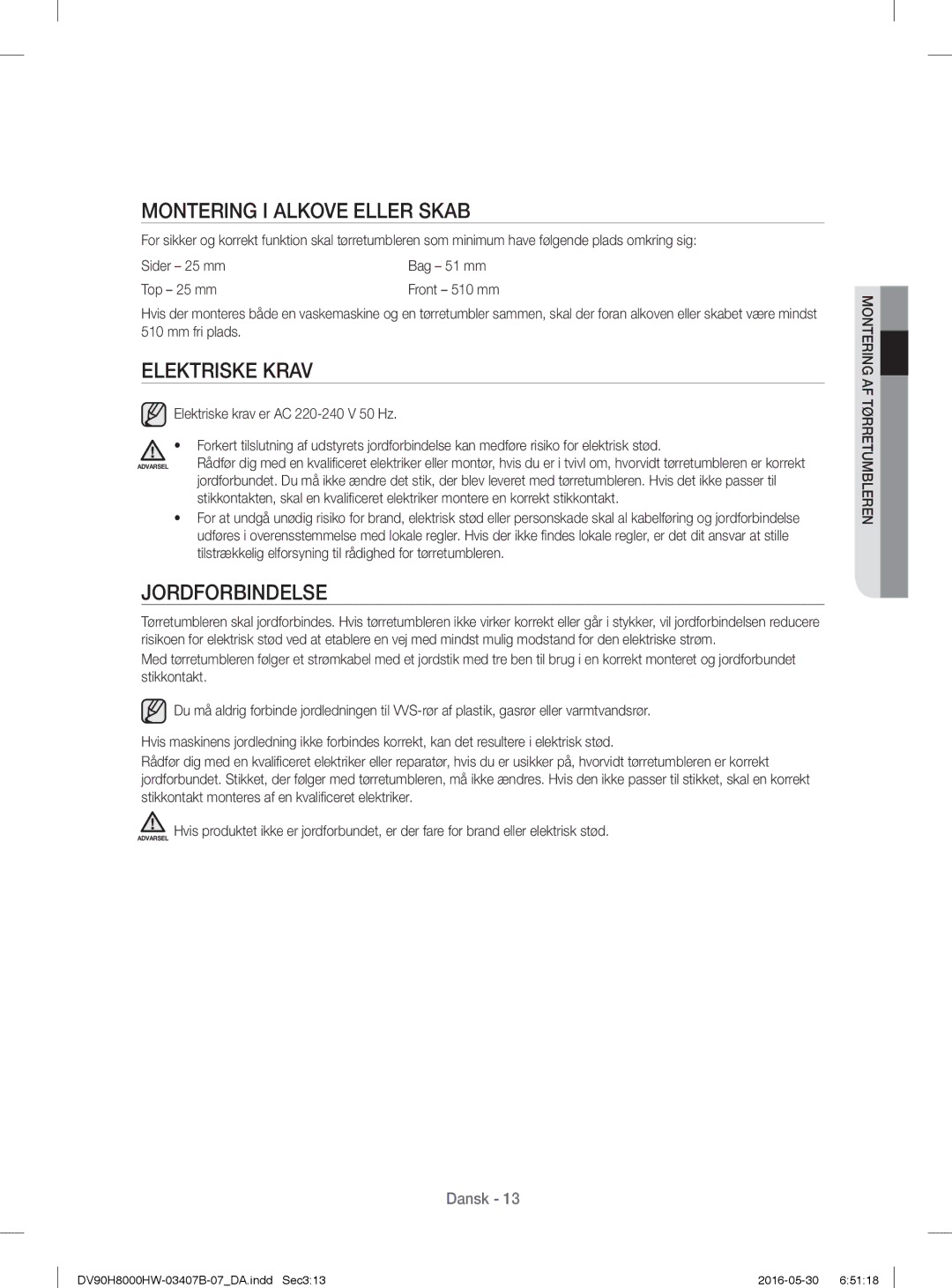 Samsung DV80H8100HW/EE, DV90H8000HW/EE manual Montering I Alkove Eller Skab, Jordforbindelse 