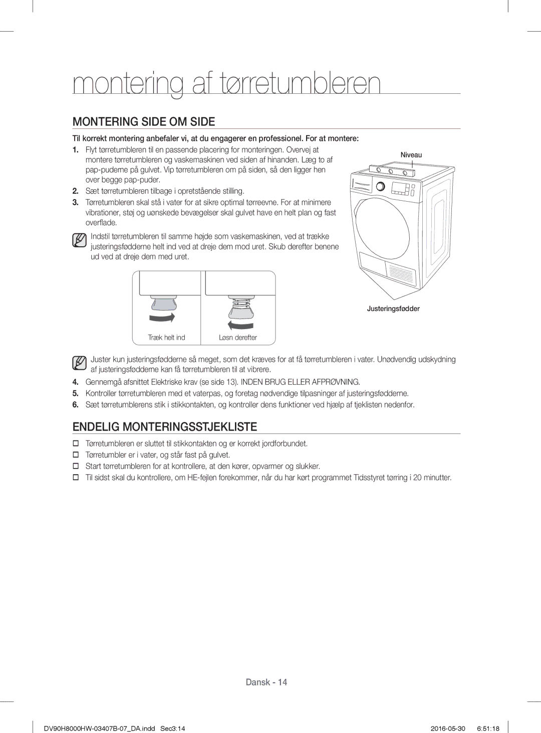 Samsung DV90H8000HW/EE, DV80H8100HW/EE manual Montering Side OM Side, Endelig Monteringsstjekliste 