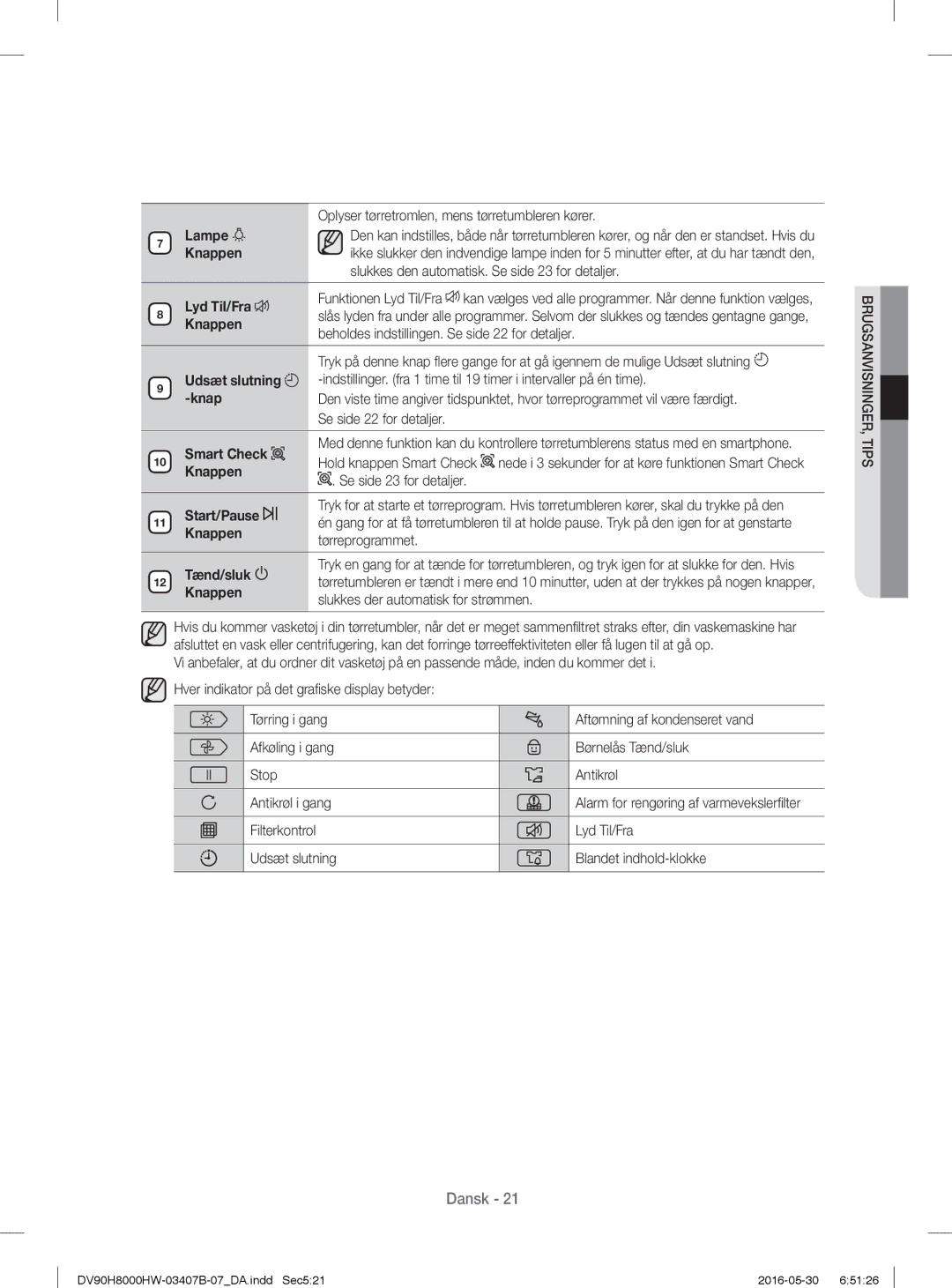 Samsung DV80H8100HW/EE Slukkes den automatisk. Se side 23 for detaljer, Lyd Til/Fra, Se side 22 for detaljer, Tænd/sluk 