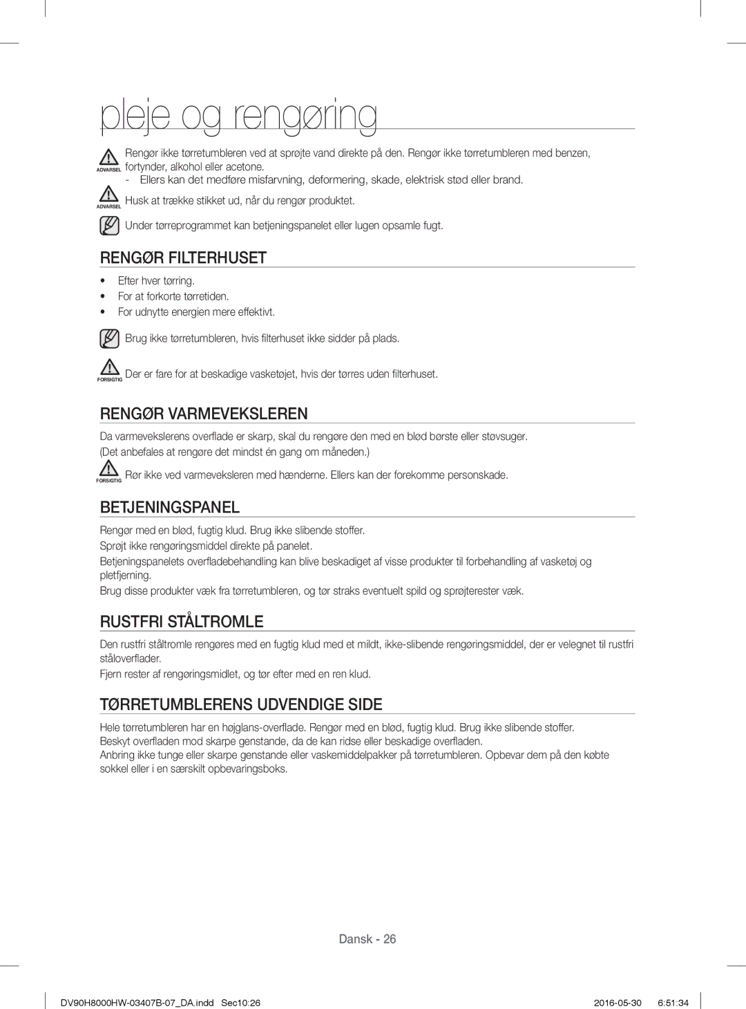 Samsung DV90H8000HW/EE, DV80H8100HW/EE manual Pleje og rengøring 