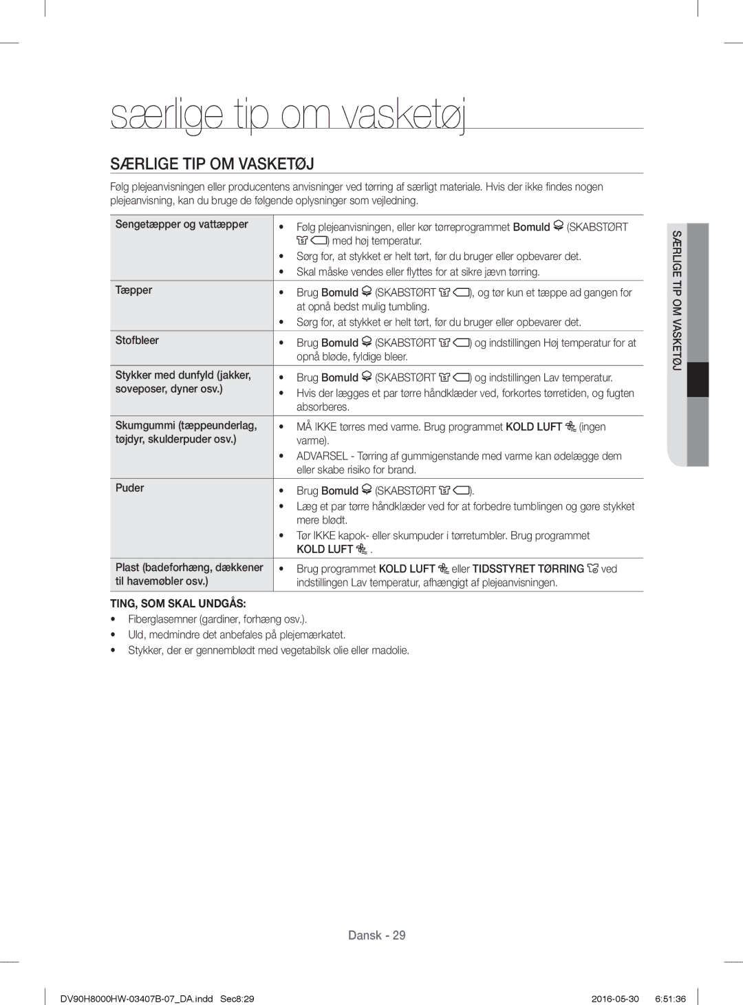 Samsung DV80H8100HW/EE, DV90H8000HW/EE manual Særlige tip om vasketøj, Særlige TIP OM Vasketøj, TING, SOM Skal Undgås 