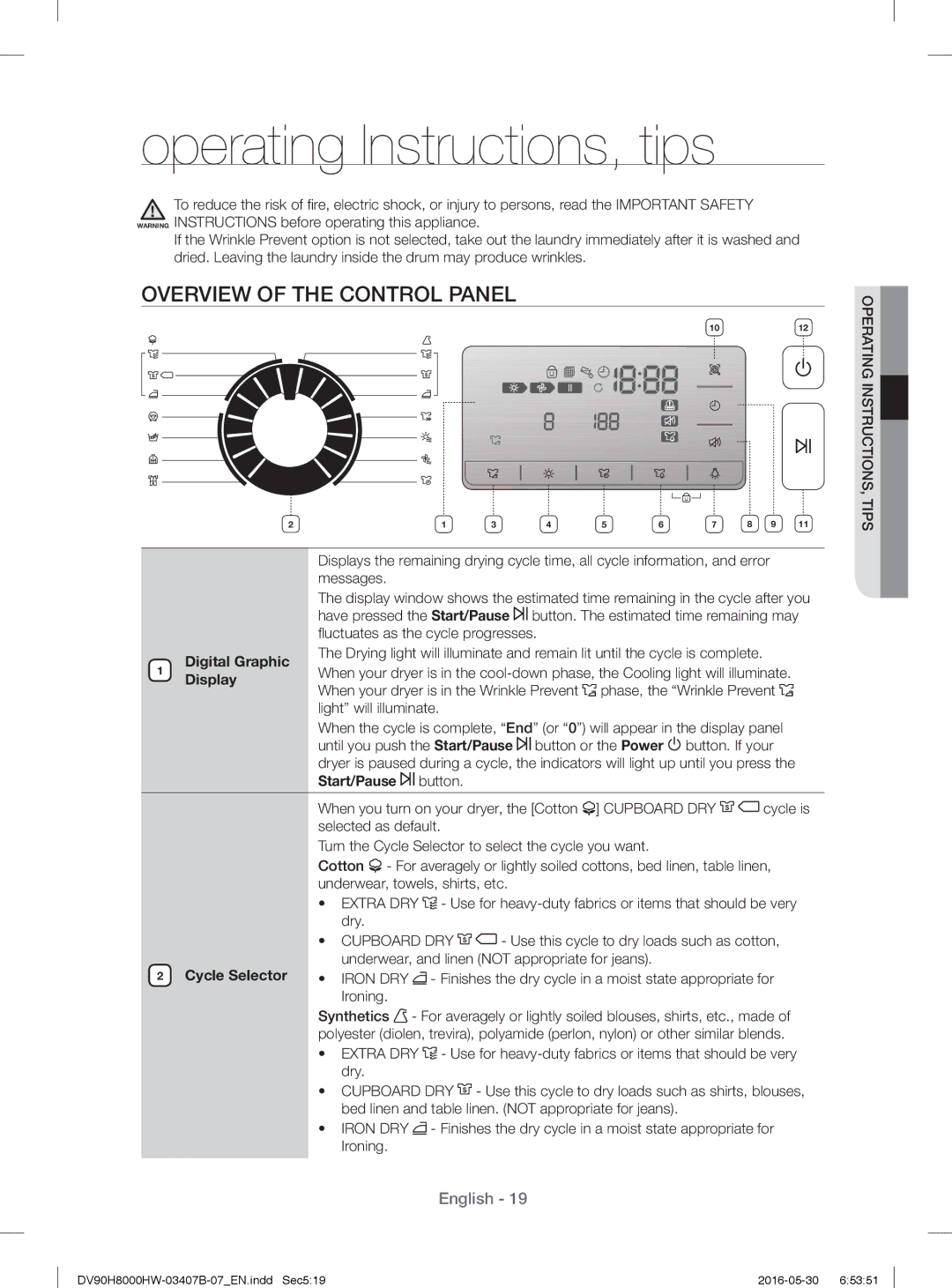 Samsung DV80H8100HW/EE manual Operating Instructions, tips, Overview of the Control Panel, Digital Graphic, Cycle Selector 