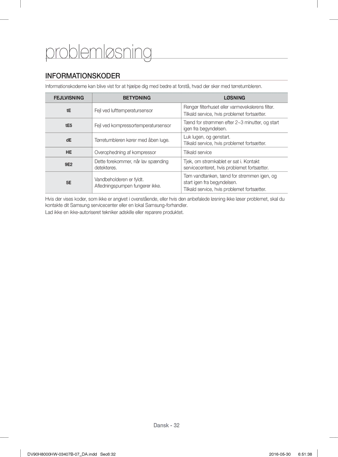 Samsung DV90H8000HW/EE, DV80H8100HW/EE manual Fejlvisning Betydning Løsning 