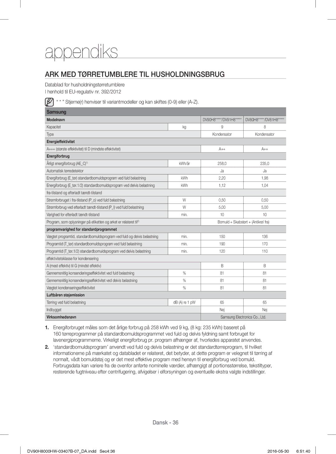 Samsung DV90H8000HW/EE, DV80H8100HW/EE manual ARK MED Tørretumblere TIL Husholdningsbrug, Energiforbrug 