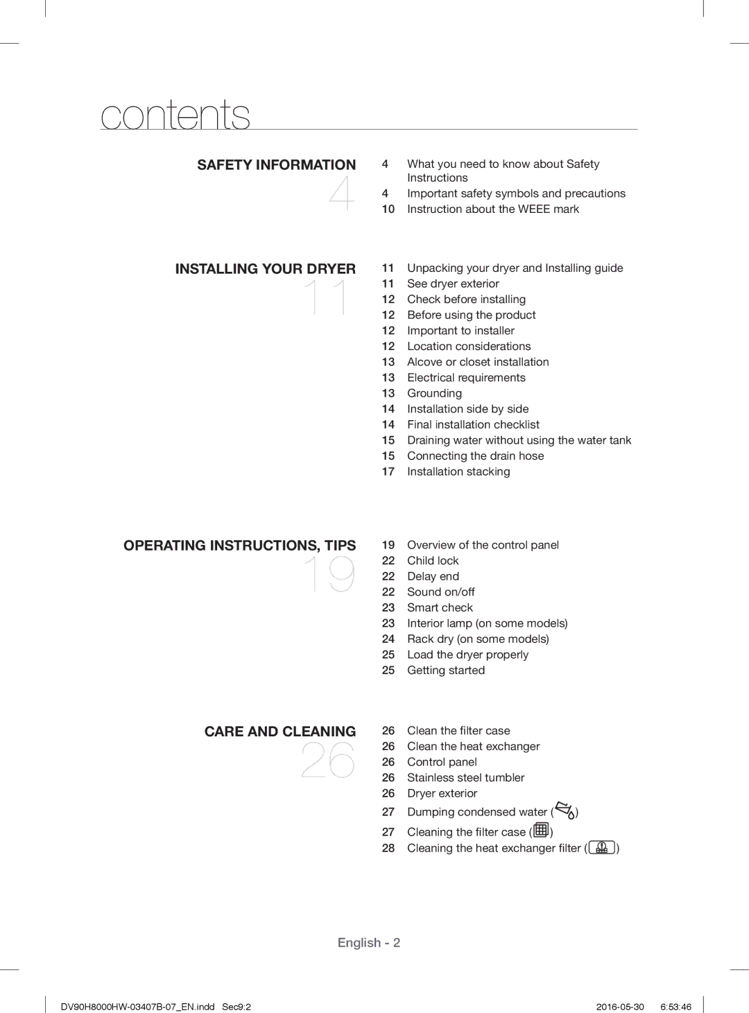 Samsung DV90H8000HW/EE, DV80H8100HW/EE manual Contents 