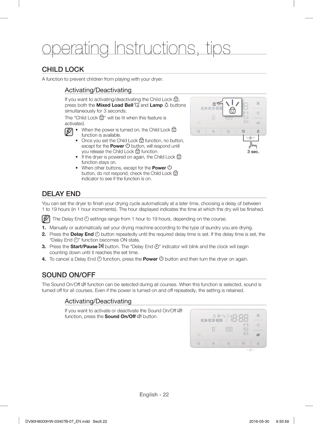 Samsung DV90H8000HW/EE, DV80H8100HW/EE manual Child Lock, Delay END, Sound ON/OFF, Activating/Deactivating 