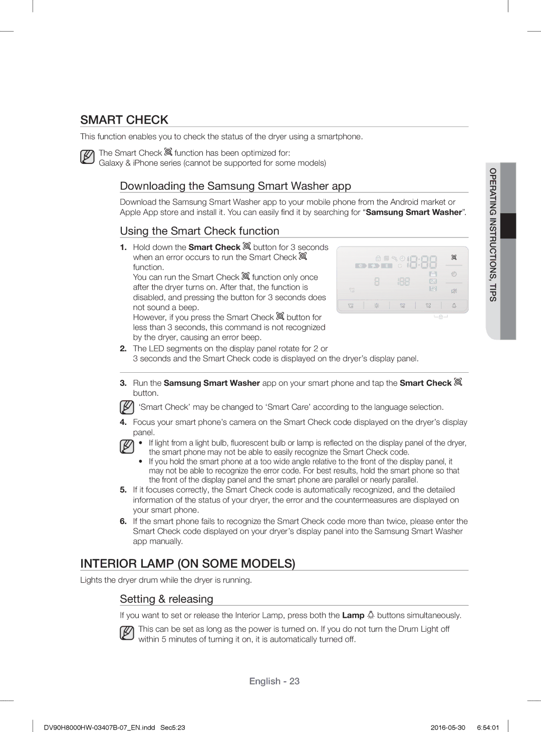 Samsung DV80H8100HW/EE, DV90H8000HW/EE Smart Check, Interior Lamp on Some Models, Downloading the Samsung Smart Washer app 