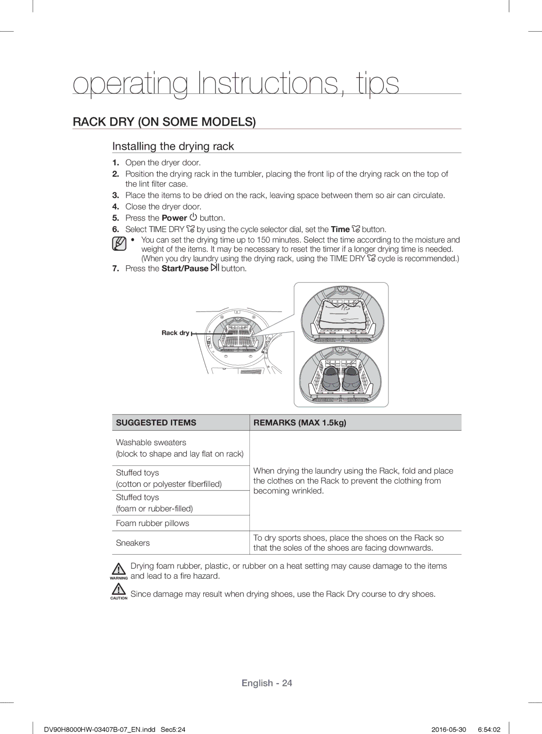Samsung DV90H8000HW/EE manual Rack DRY on Some Models, Installing the drying rack, Suggested Items, Remarks MAX 1.5kg 
