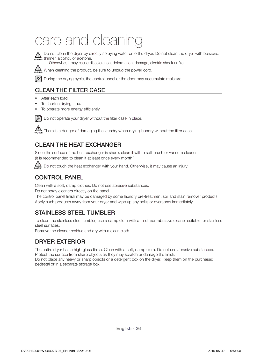 Samsung DV90H8000HW/EE, DV80H8100HW/EE manual Care and cleaning 