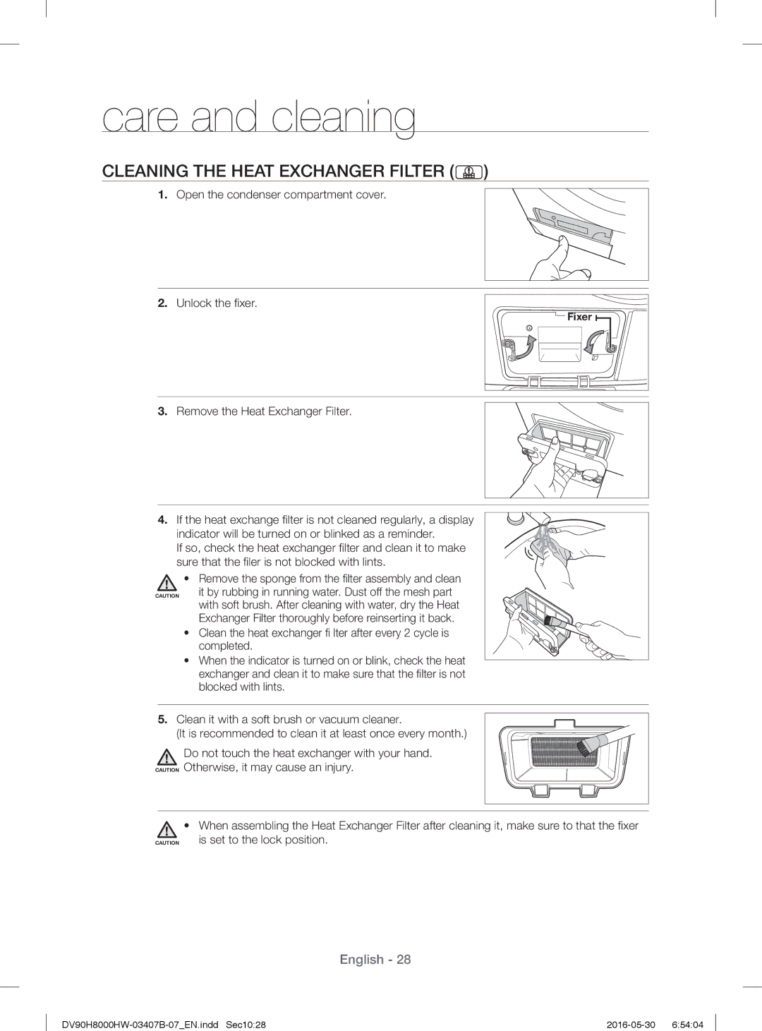 Samsung DV90H8000HW/EE manual Cleaning the Heat Exchanger Filter, Open the condenser compartment cover Unlock the ﬁ xer 