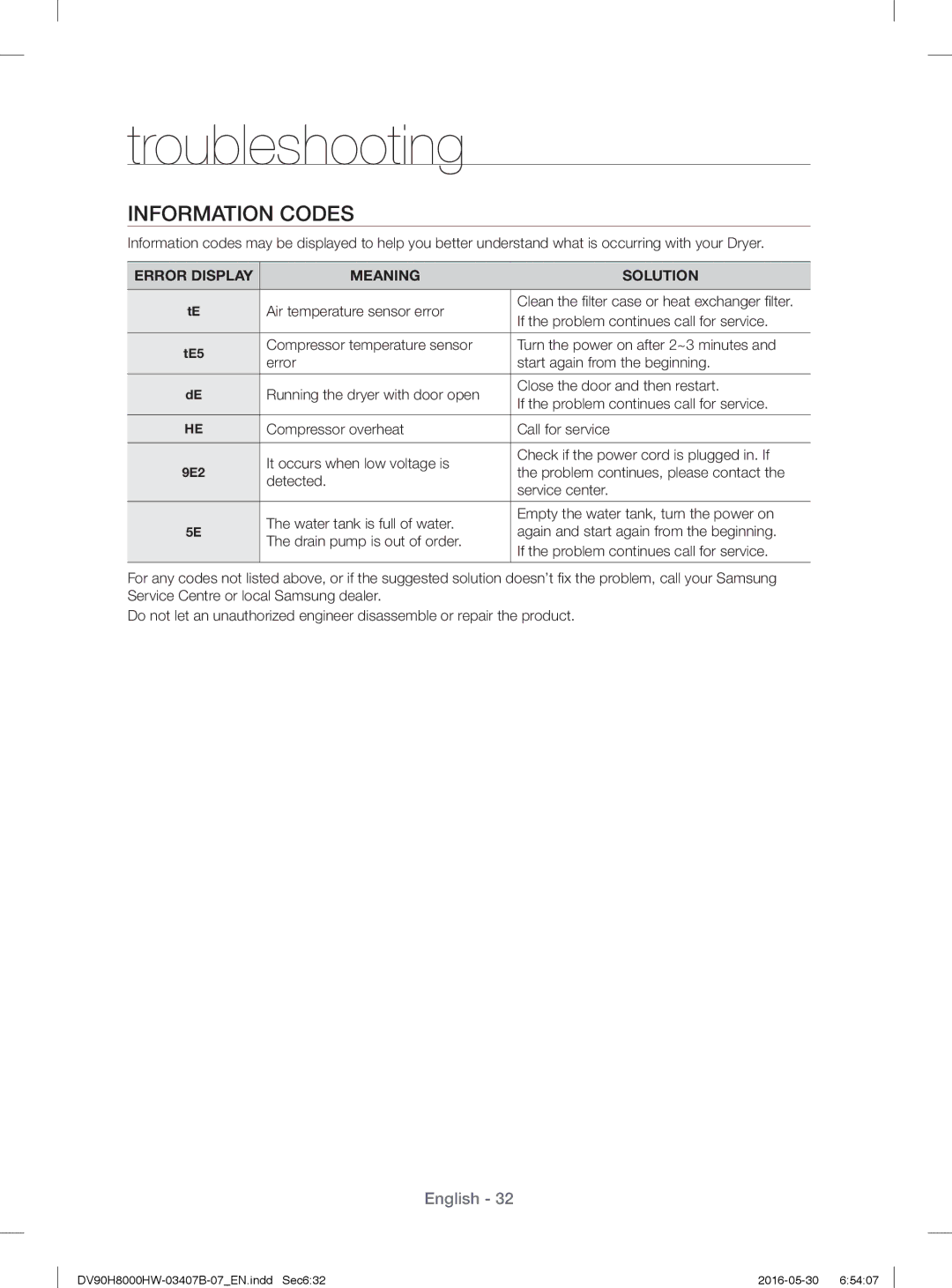 Samsung DV90H8000HW/EE, DV80H8100HW/EE manual Information Codes, Error Display Meaning Solution 