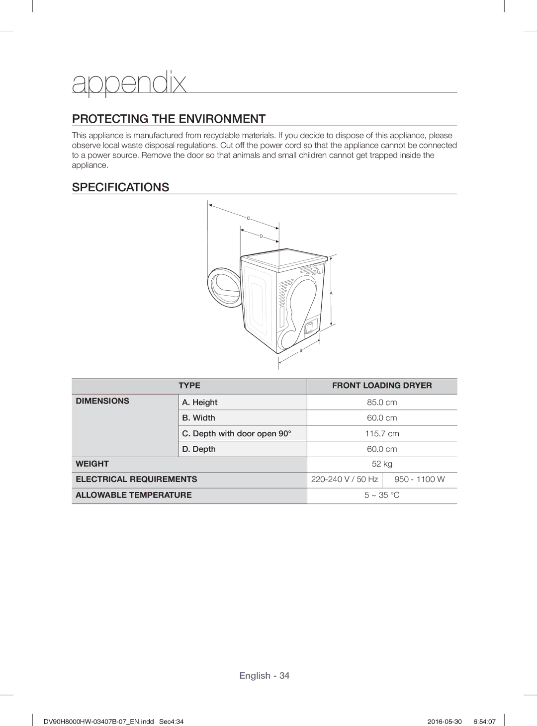 Samsung DV90H8000HW/EE, DV80H8100HW/EE manual Protecting the Environment, Specifications 