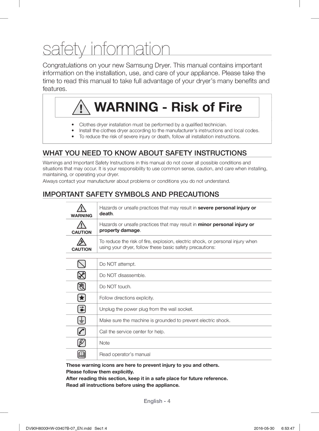 Samsung DV90H8000HW/EE manual Safety information, What YOU Need to Know about Safety Instructions, Death, Property damage 