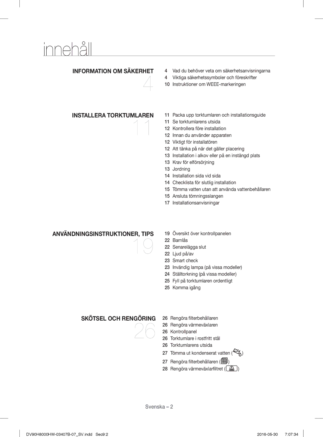 Samsung DV90H8000HW/EE, DV80H8100HW/EE manual Innehåll 