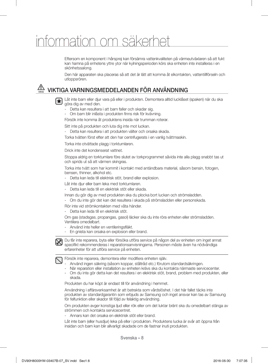 Samsung DV90H8000HW/EE, DV80H8100HW/EE manual Varning Viktiga Varningsmeddelanden FÖR Användning 