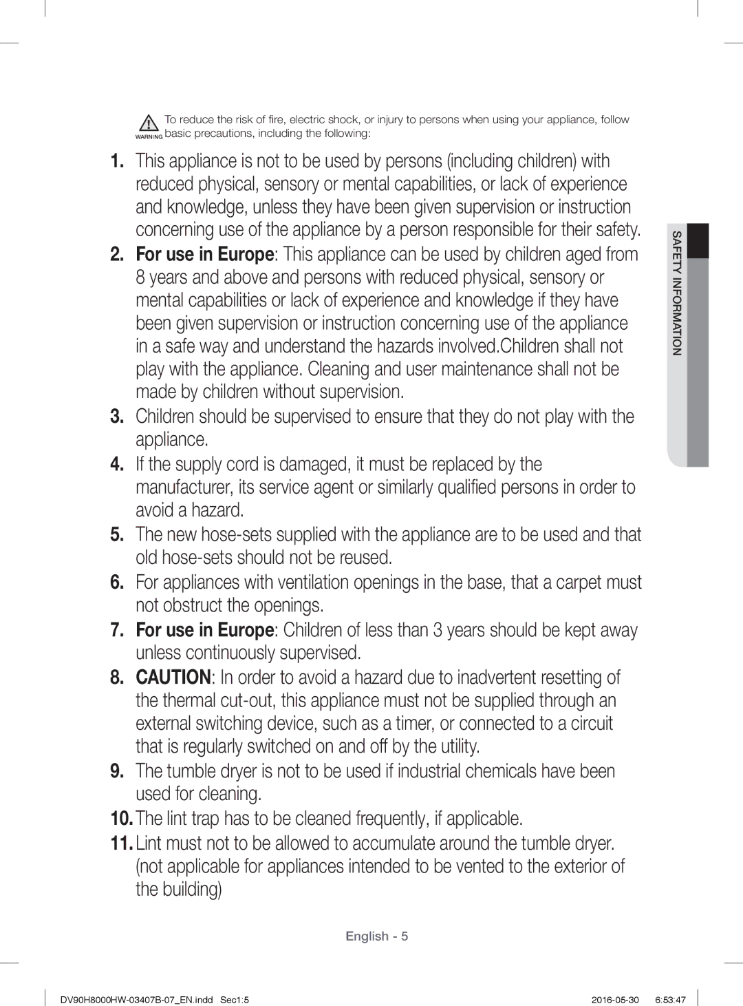 Samsung DV80H8100HW/EE, DV90H8000HW/EE manual Safety Information 