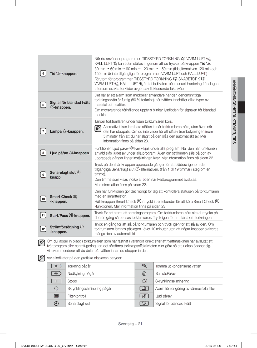 Samsung DV80H8100HW/EE, DV90H8000HW/EE manual Senarelagt slut, Start/Paus Knappen 