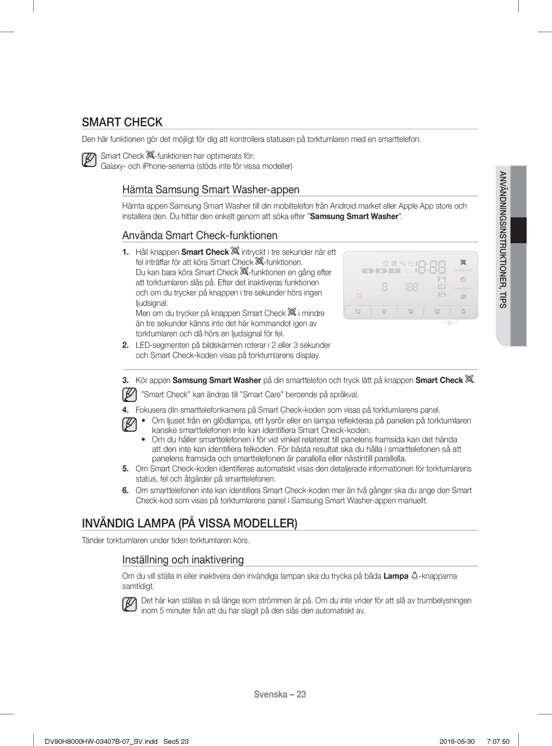 Samsung DV80H8100HW/EE Invändig Lampa PÅ Vissa Modeller, Hämta Samsung Smart Washer-appen, Använda Smart Check-funktionen 