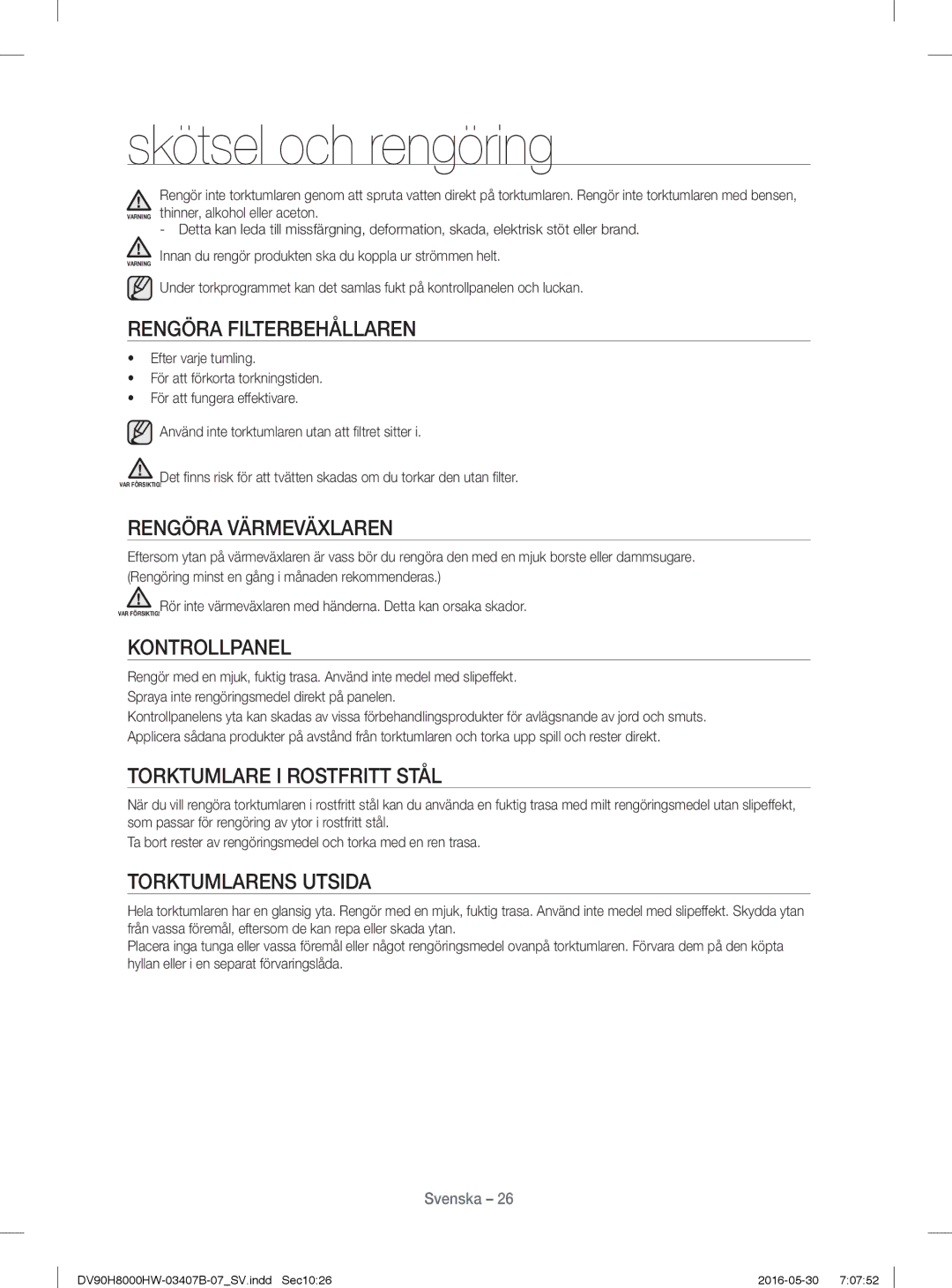 Samsung DV90H8000HW/EE, DV80H8100HW/EE manual Skötsel och rengöring 