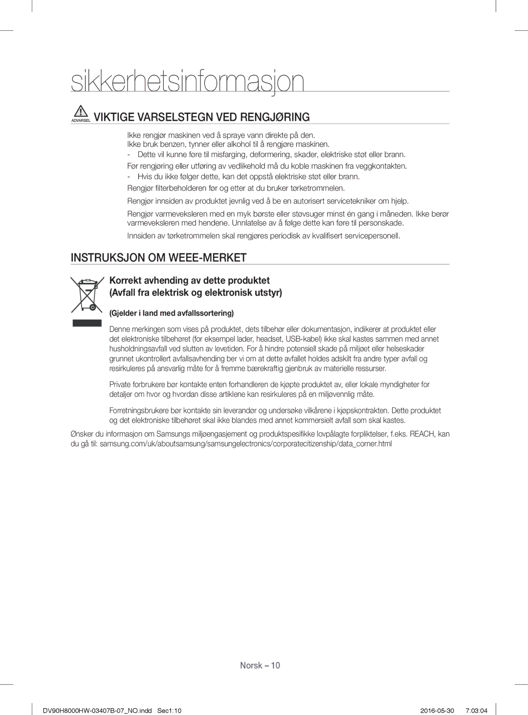 Samsung DV90H8000HW/EE, DV80H8100HW/EE manual Instruksjon OM WEEE-MERKET 