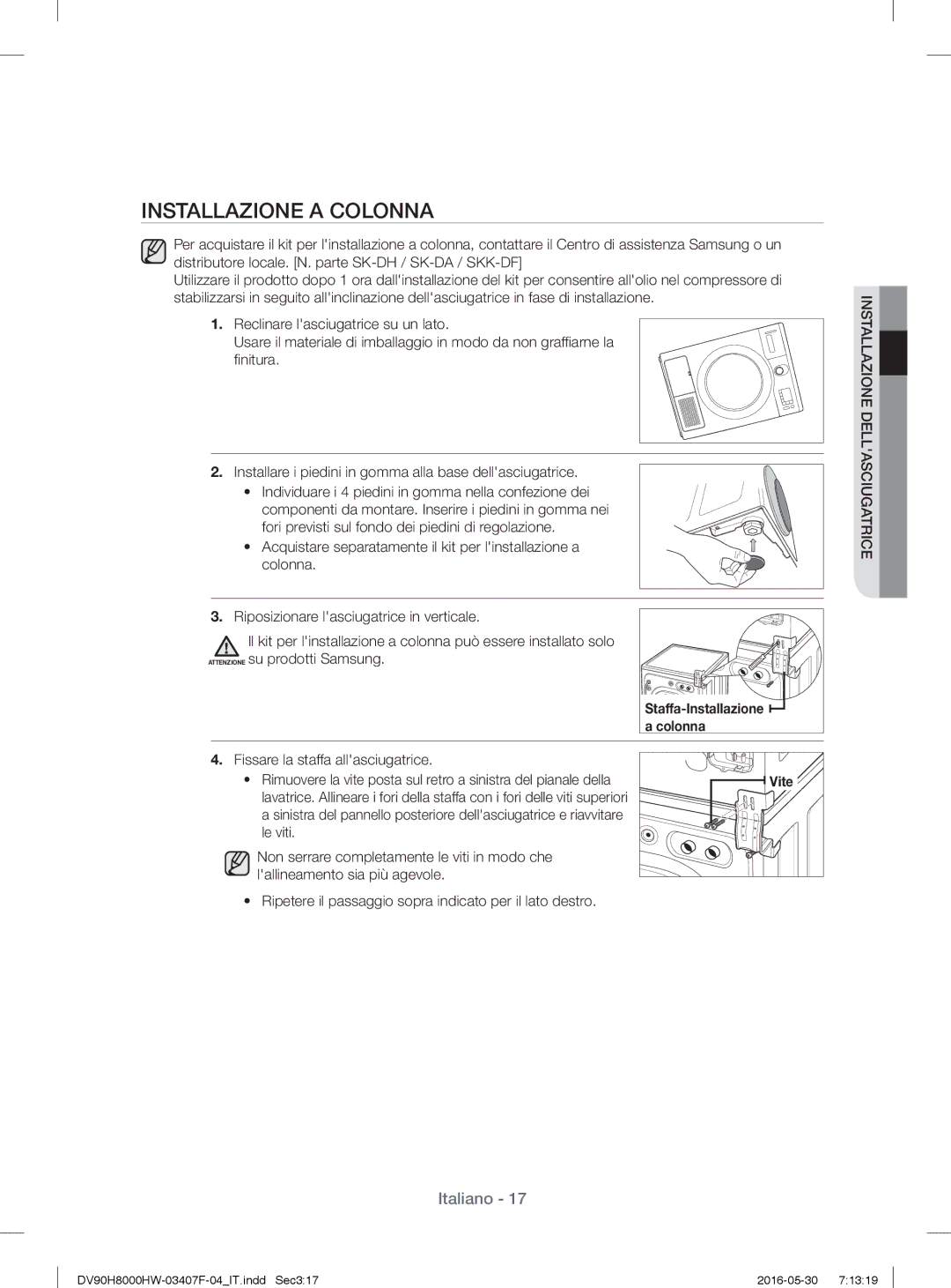 Samsung DV90H8000HW/ET manual Installazione a Colonna 