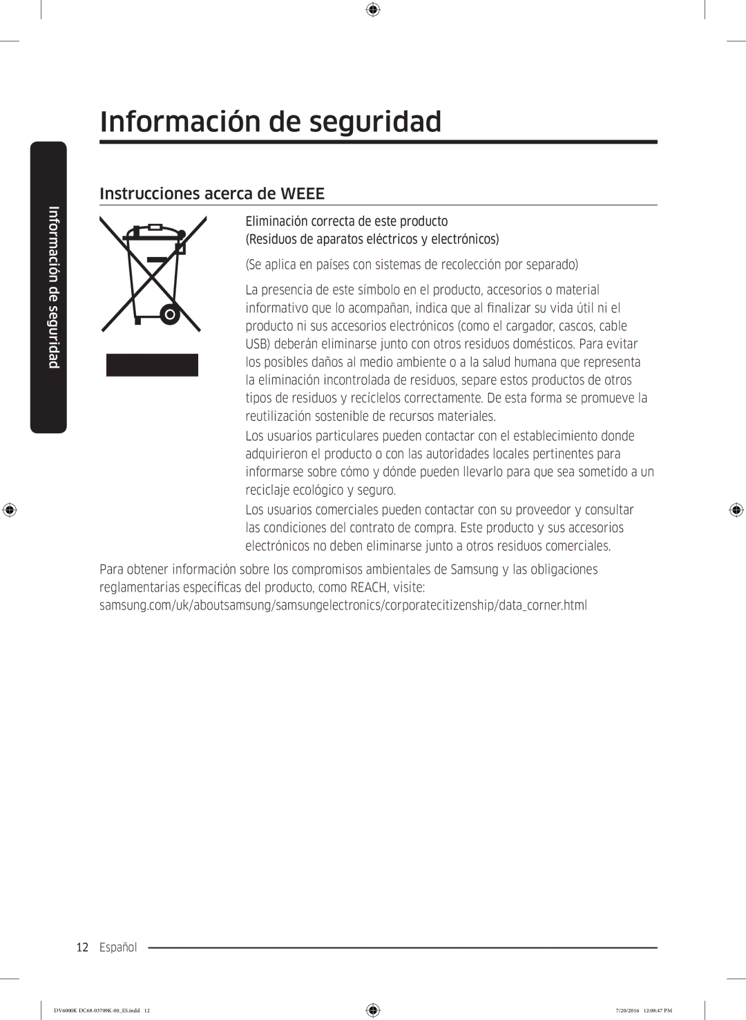 Samsung DV90K6000CW/EC manual Instrucciones acerca de Weee 