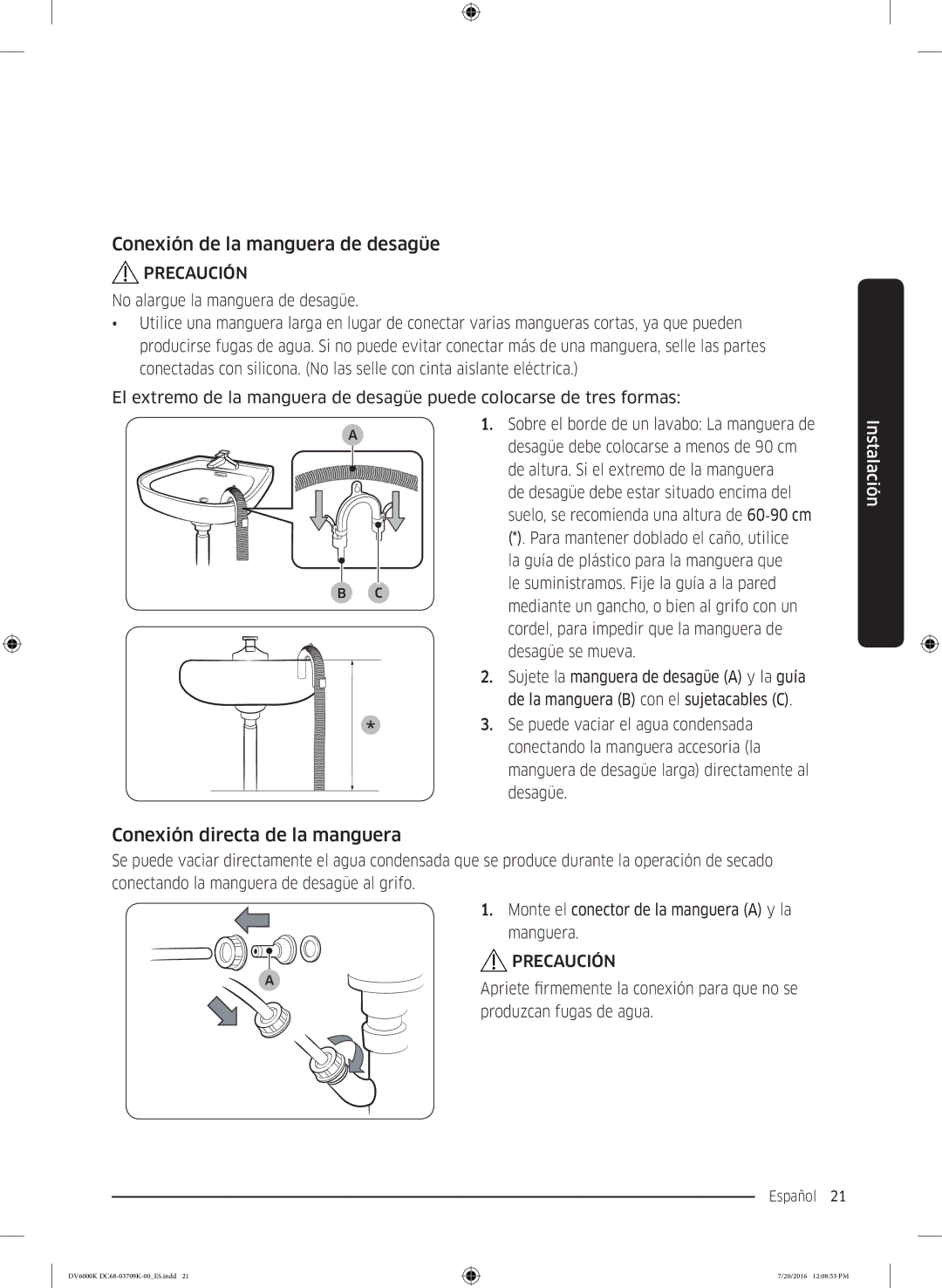 Samsung DV90K6000CW/EC manual Conexión de la manguera de desagüe, Conexión directa de la manguera 