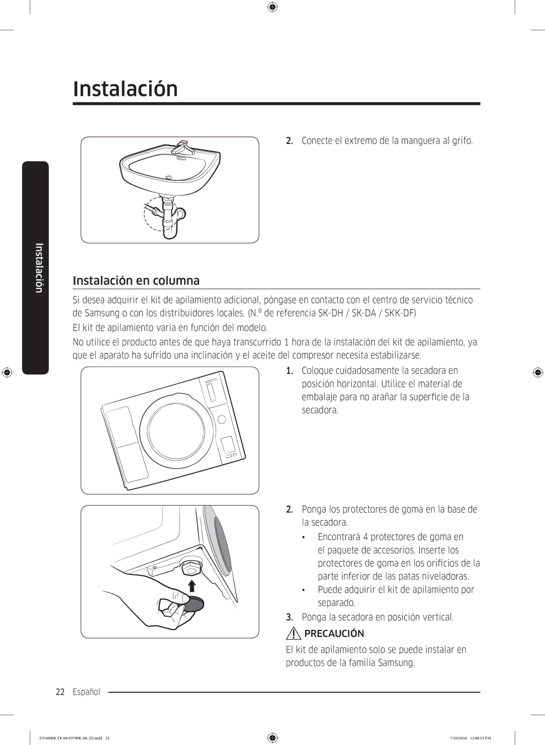 Samsung DV90K6000CW/EC manual Instalación en columna 