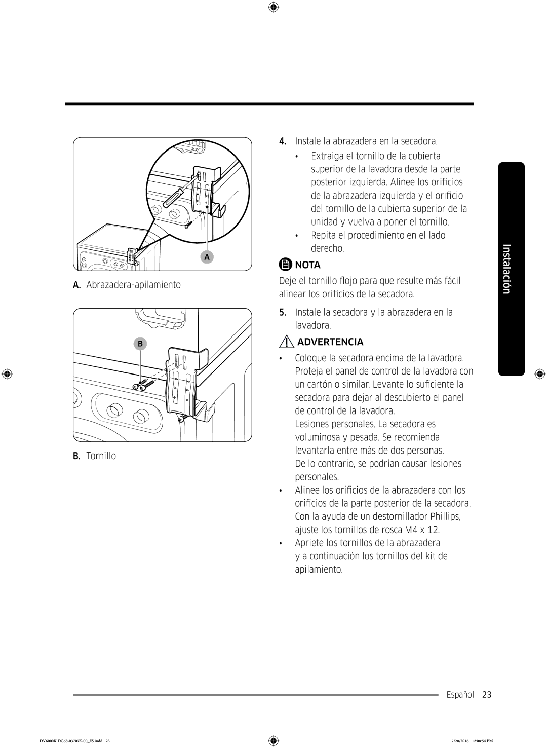 Samsung DV90K6000CW/EC manual De lo contrario, se podrían causar lesiones personales 