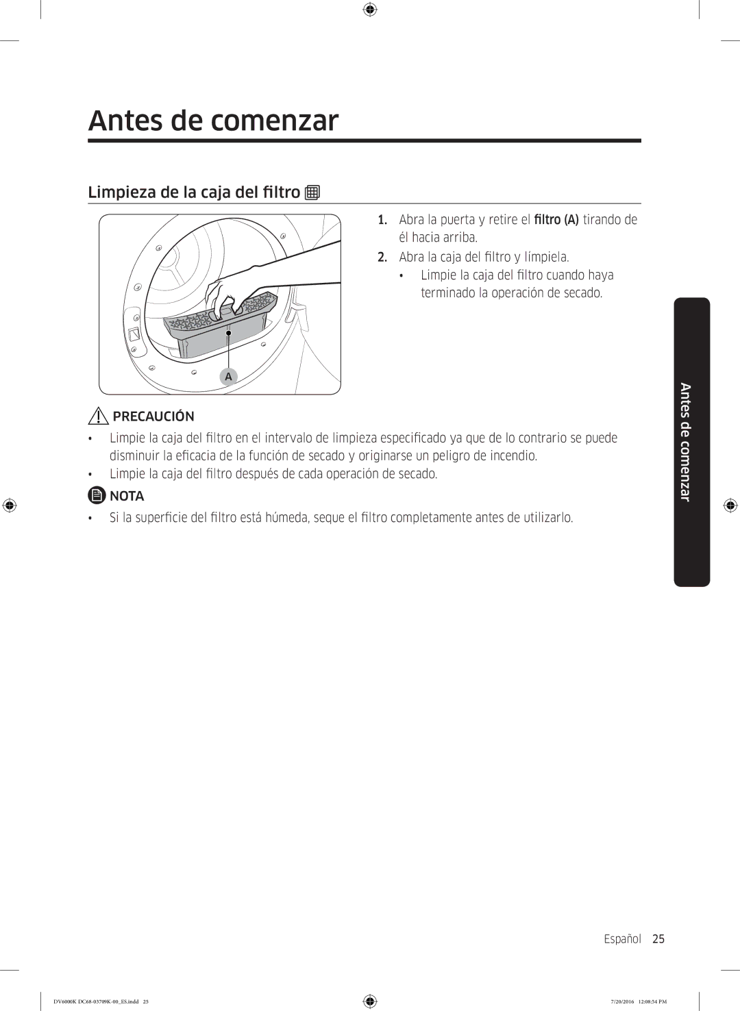 Samsung DV90K6000CW/EC manual Antes de comenzar, Limpieza de la caja del filtro 