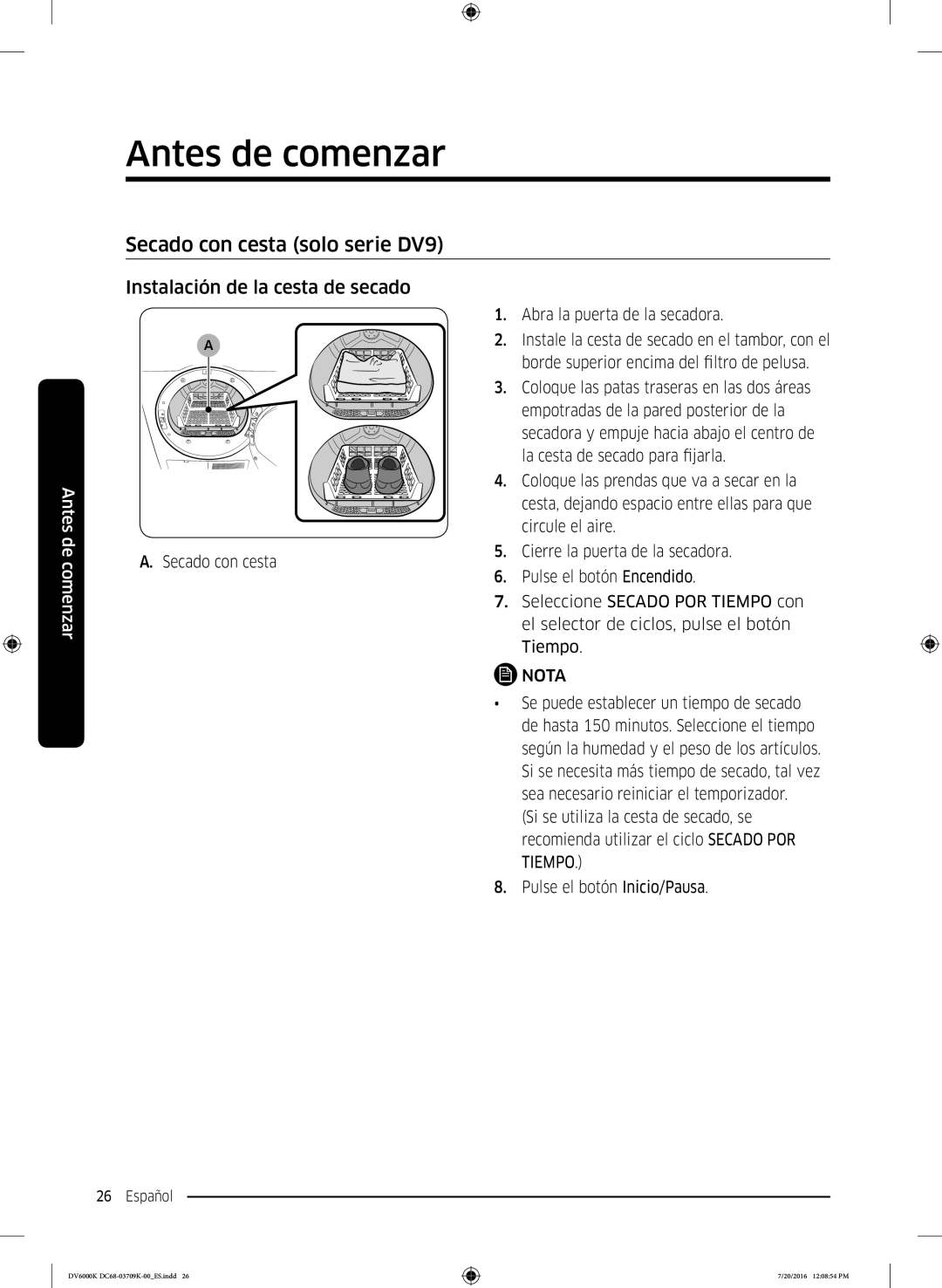 Samsung DV90K6000CW/EC manual Secado con cesta solo serie DV9, Instalación de la cesta de secado 