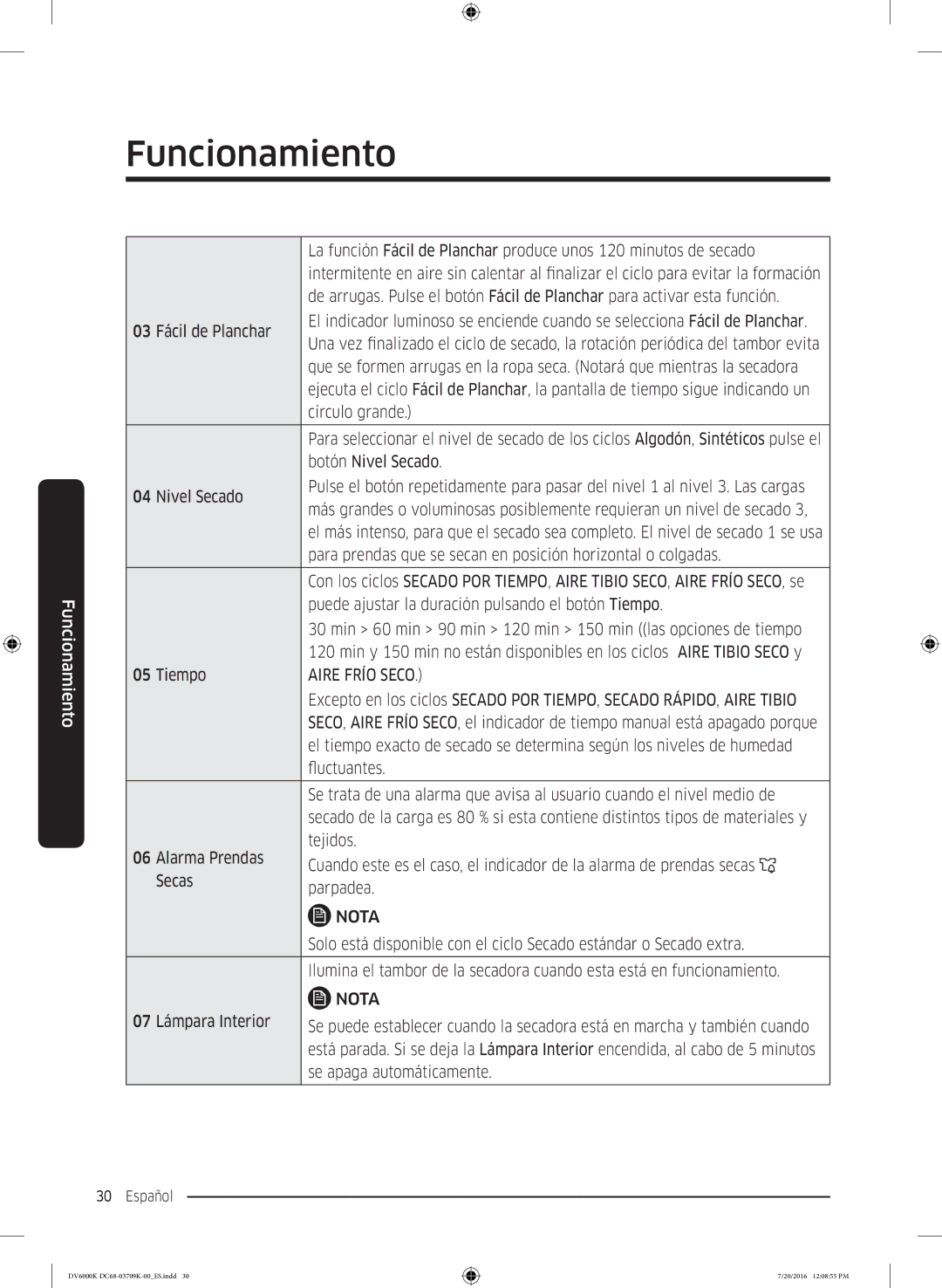 Samsung DV90K6000CW/EC manual Aire Frío Seco 