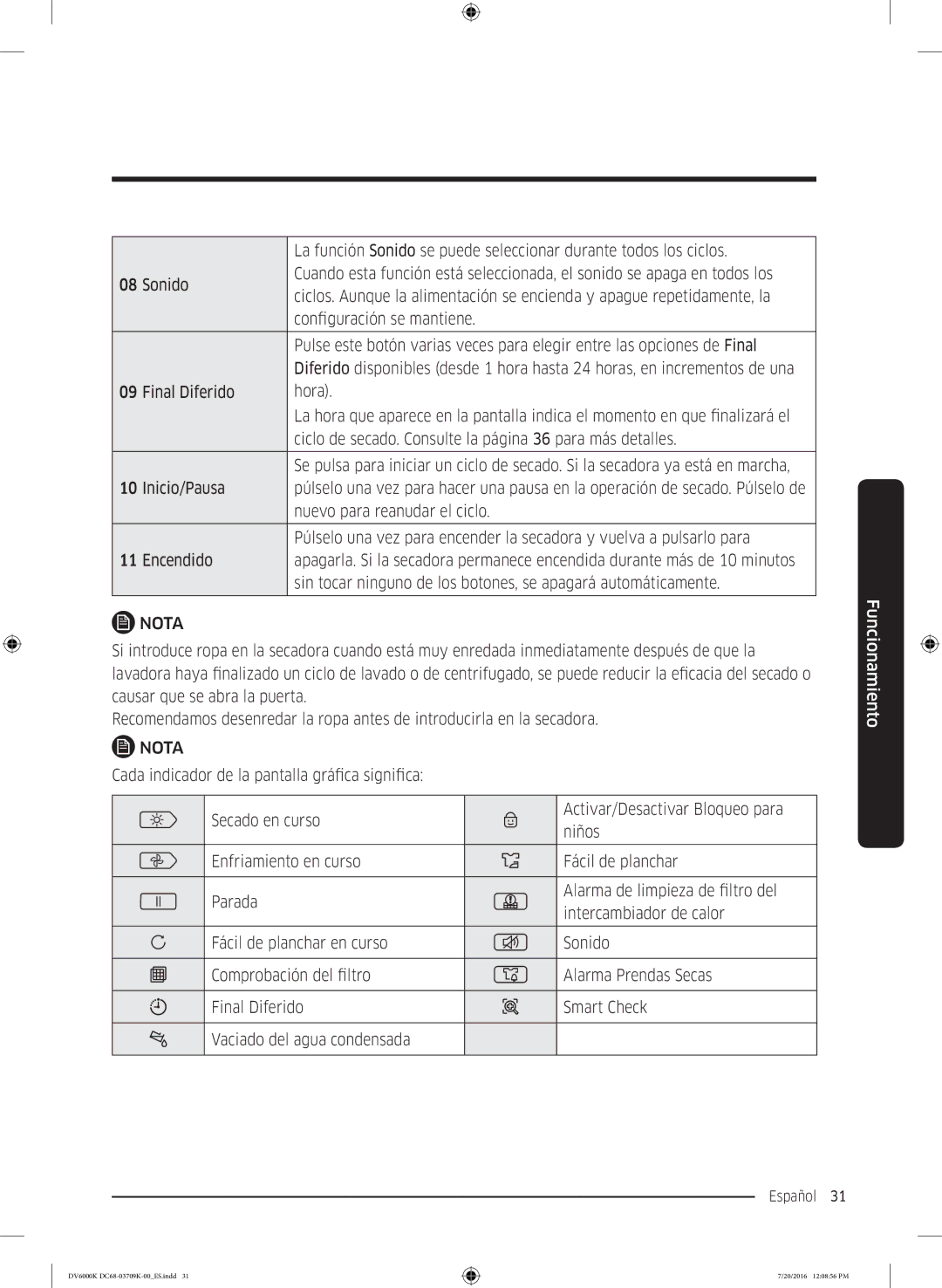 Samsung DV90K6000CW/EC manual Inicio/Pausa 