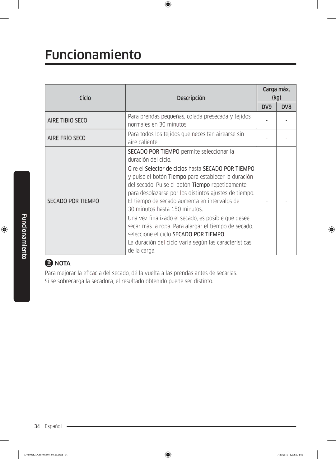 Samsung DV90K6000CW/EC manual Aire Tibio Seco 