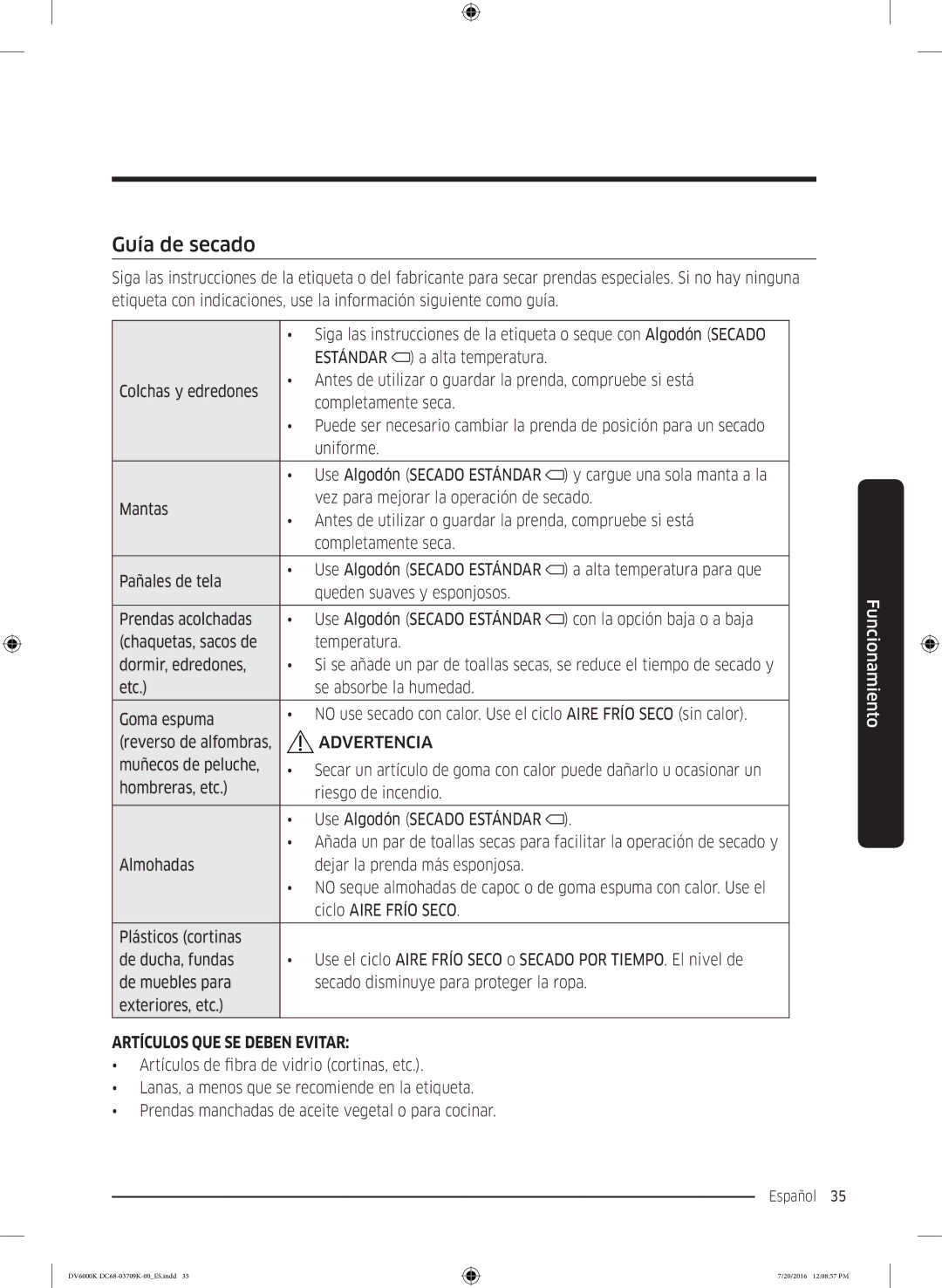 Samsung DV90K6000CW/EC manual Guía de secado, Artículos QUE SE Deben Evitar 