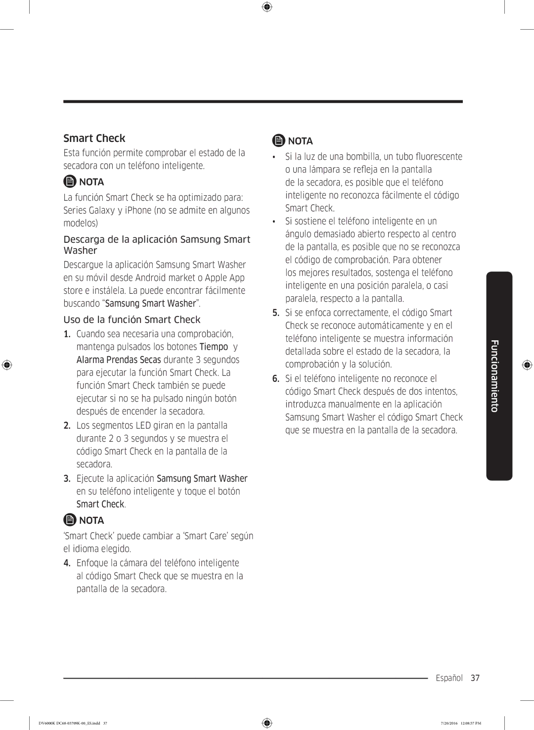 Samsung DV90K6000CW/EC manual Uso de la función Smart Check 