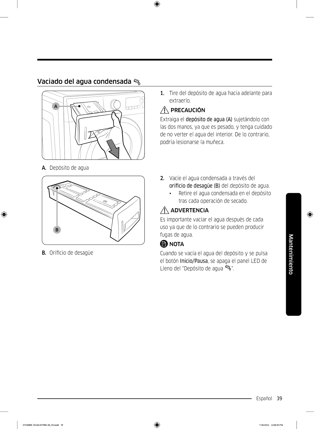 Samsung DV90K6000CW/EC manual Vaciado del agua condensada 