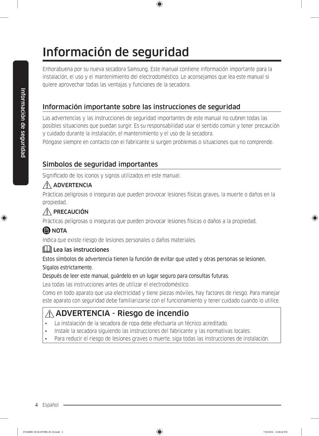 Samsung DV90K6000CW/EC manual Información de seguridad, Información importante sobre las instrucciones de seguridad 