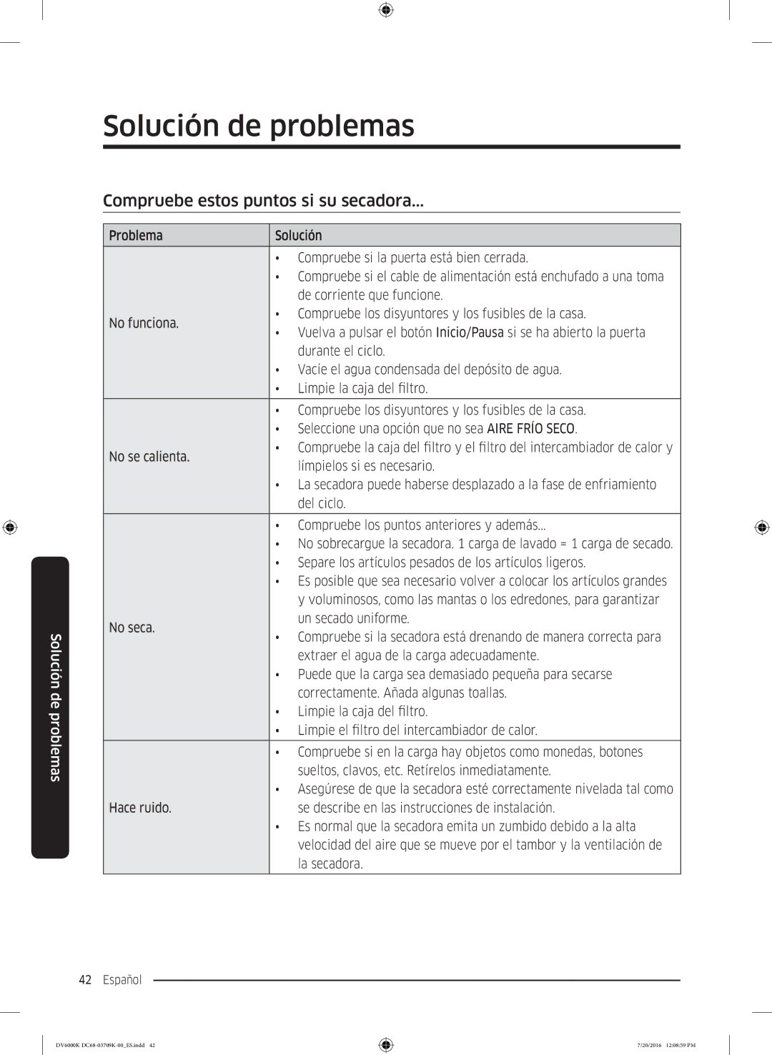 Samsung DV90K6000CW/EC manual Solución de problemas, Compruebe estos puntos si su secadora 