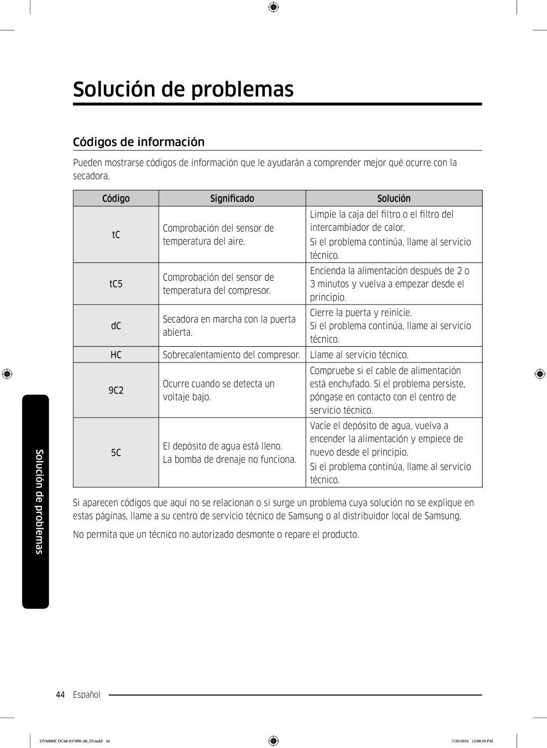 Samsung DV90K6000CW/EC manual Códigos de información 