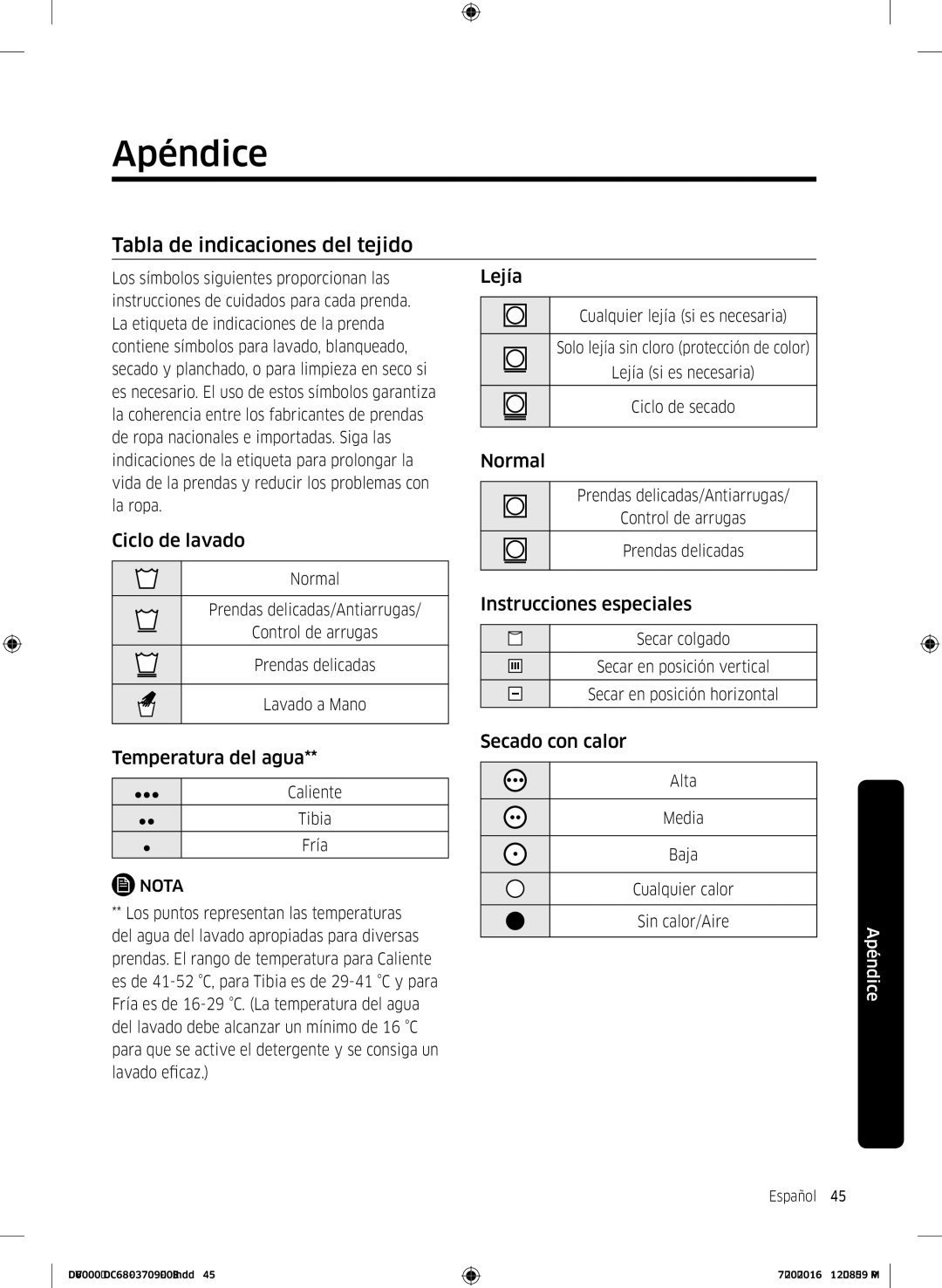 Samsung DV90K6000CW/EC manual Apéndice, Tabla de indicaciones del tejido 