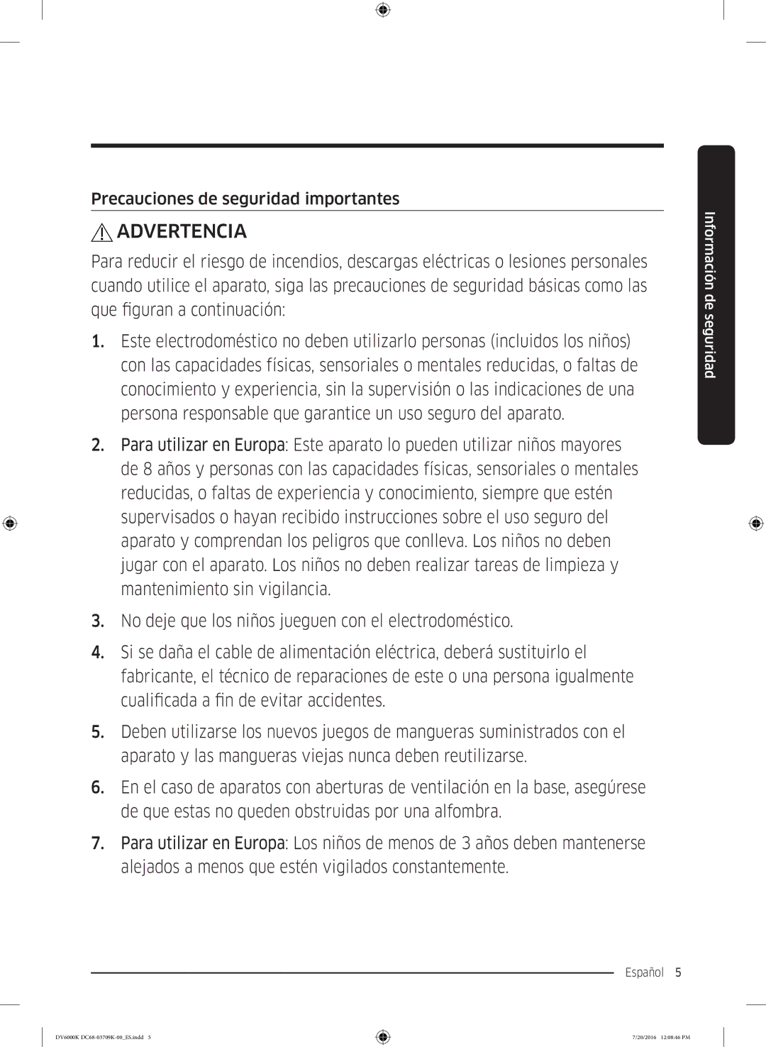 Samsung DV90K6000CW/EC manual Advertencia, Precauciones de seguridad importantes 