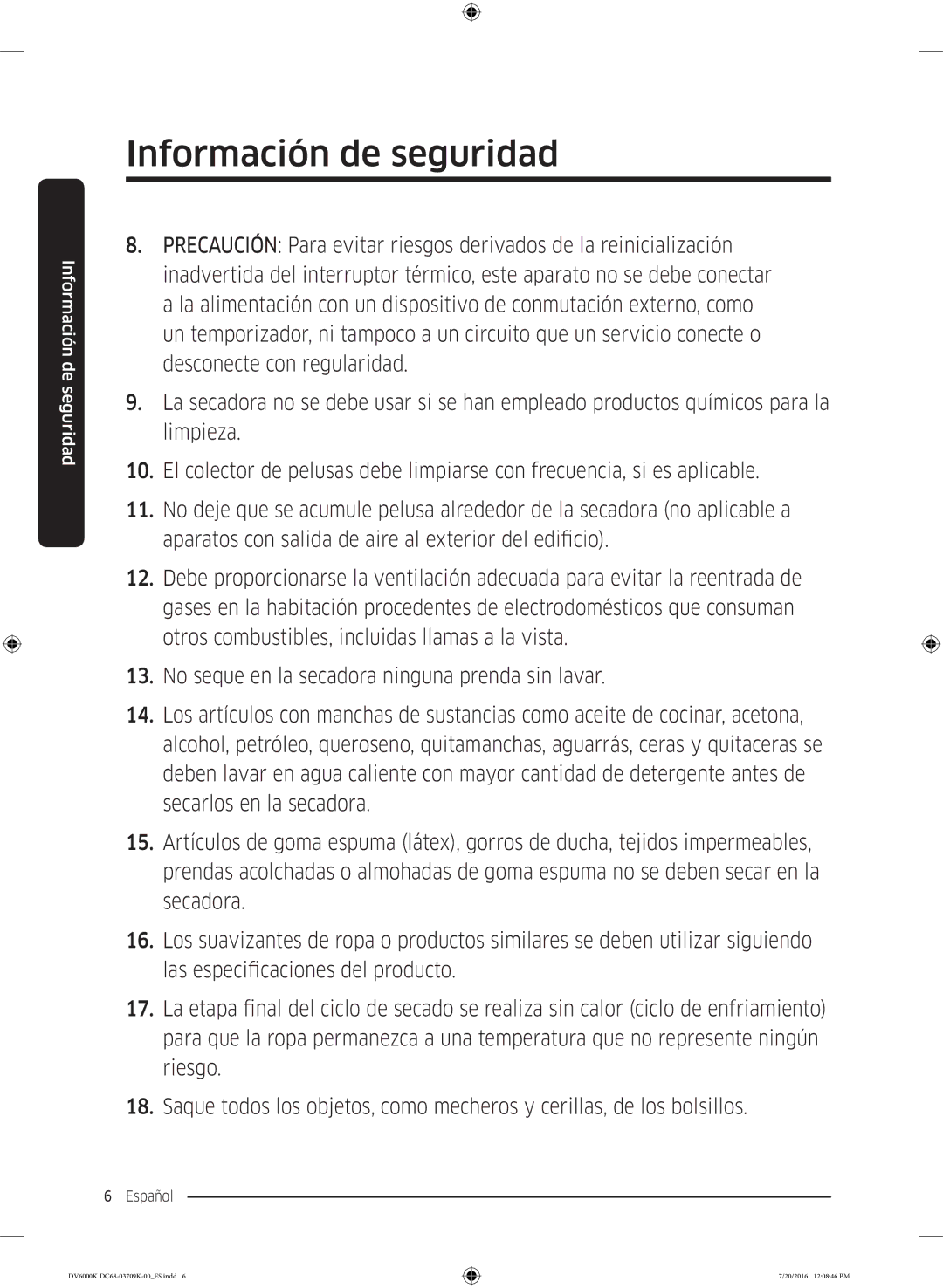 Samsung DV90K6000CW/EC manual Información de seguridad 