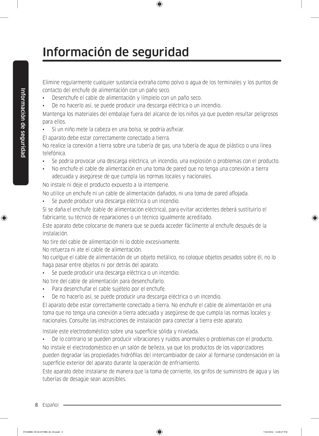 Samsung DV90K6000CW/EC manual Información de seguridad 