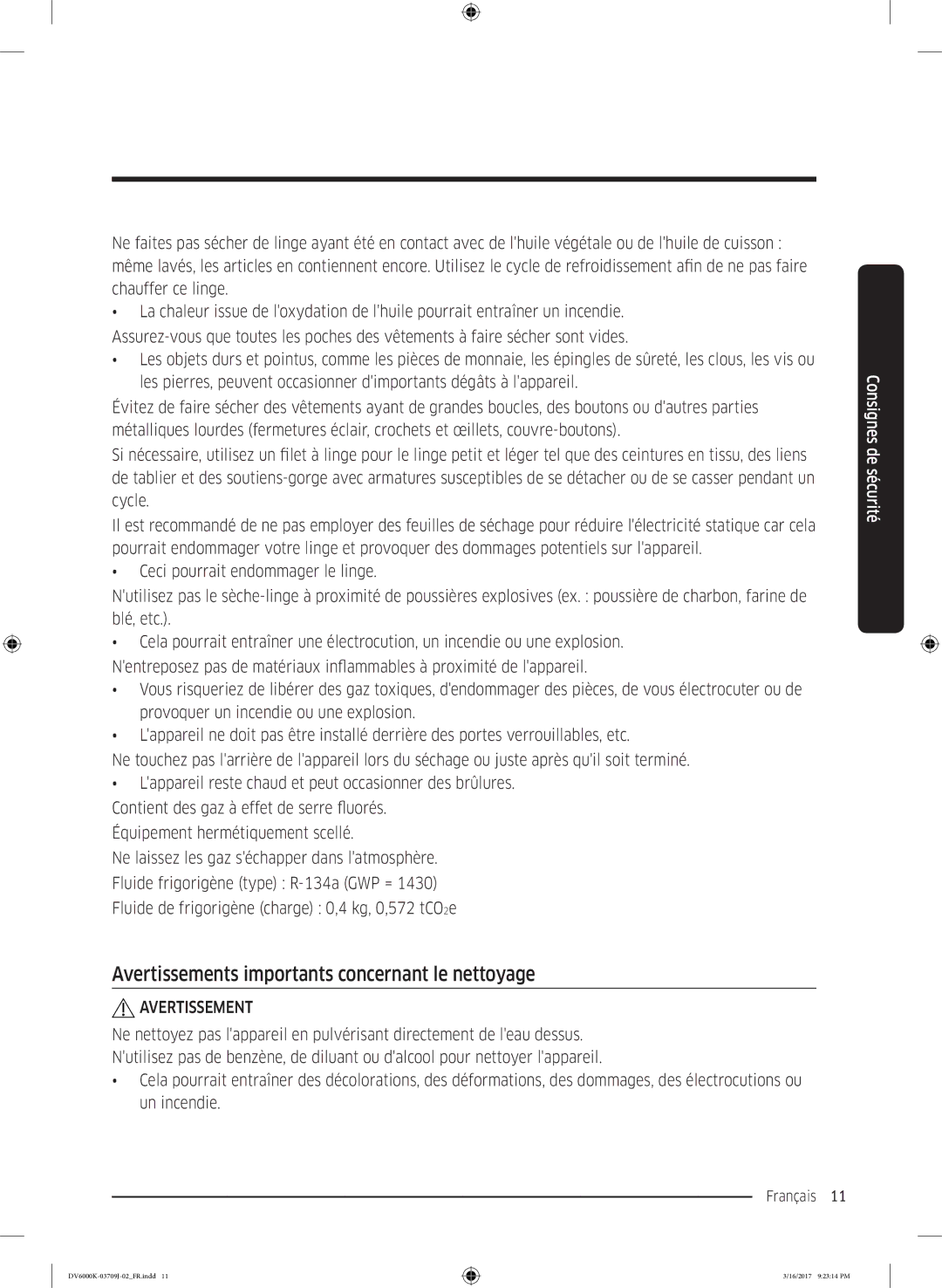 Samsung DV80K6010CW/EF, DV90K6000CW/EF manual Avertissements importants concernant le nettoyage 