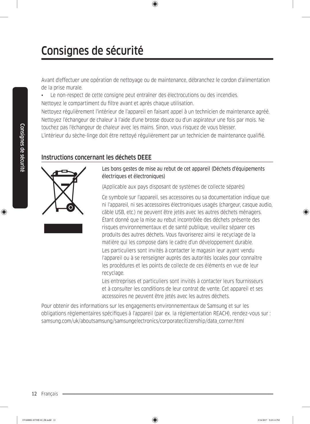 Samsung DV90K6000CW/EF, DV80K6010CW/EF manual Instructions concernant les déchets Deee 