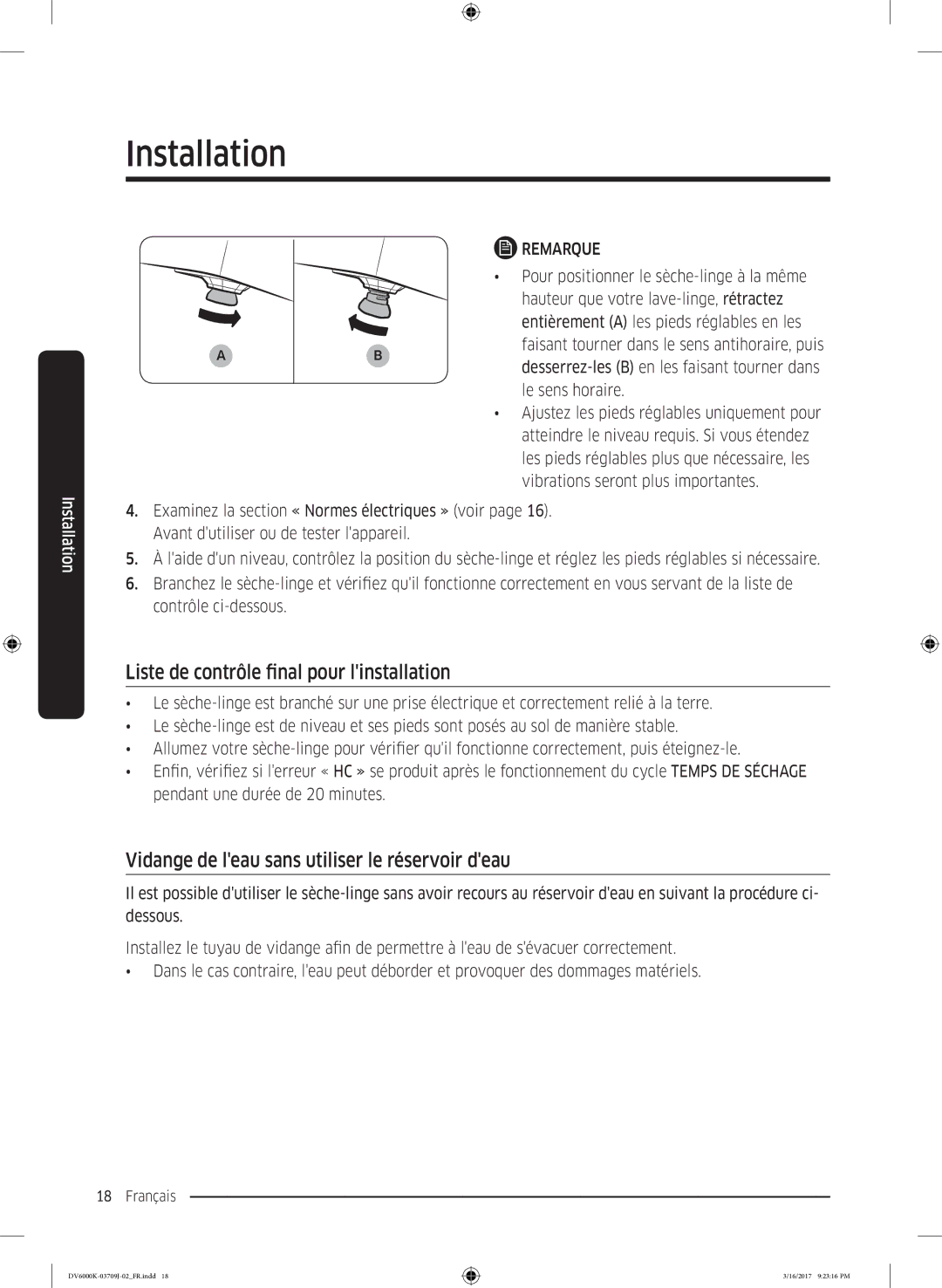 Samsung DV90K6000CW/EF manual Liste de contrôle final pour linstallation, Vidange de leau sans utiliser le réservoir deau 