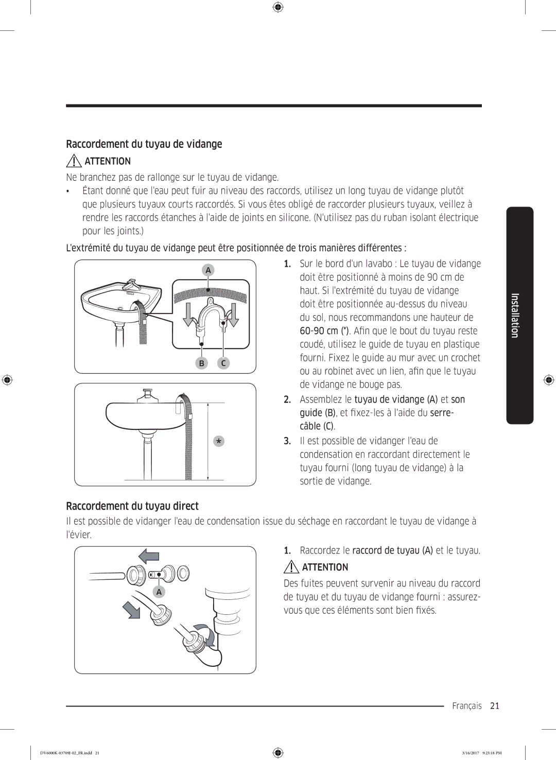 Samsung DV80K6010CW/EF, DV90K6000CW/EF manual Raccordement du tuyau de vidange, Raccordement du tuyau direct 